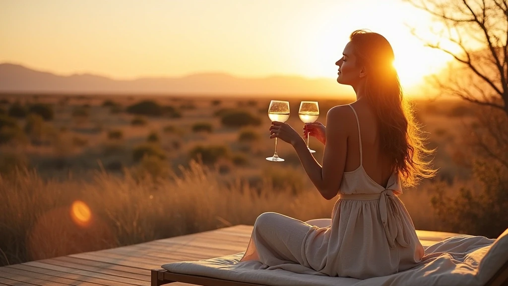 Elegante Frau geniesst Sundowner auf Safari-Deck mit Blick auf die Savanne in Maltahöhe, Namibia