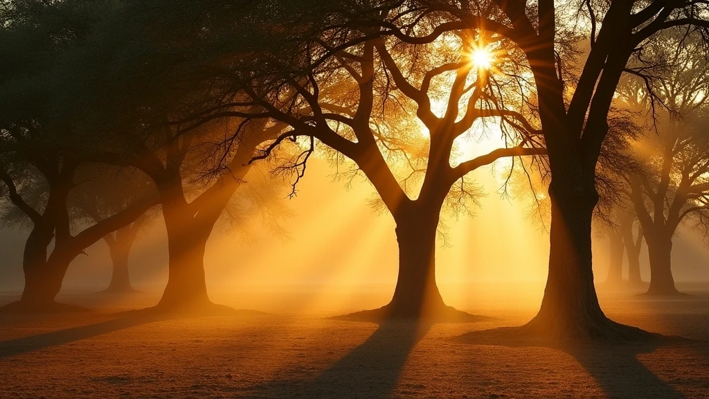 Goldene Stunde Licht durch alte Albida-Baeume im Mana Pools Nationalpark
