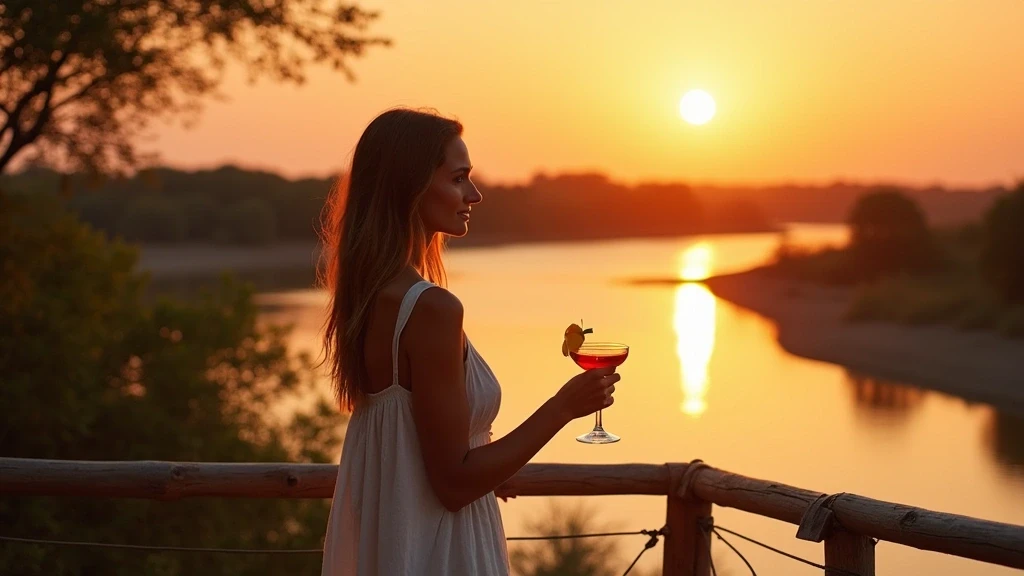 Elegante Frau geniesst Sonnenuntergang-Cocktails am Zambezi-Fluss im Mana Pools Nationalpark