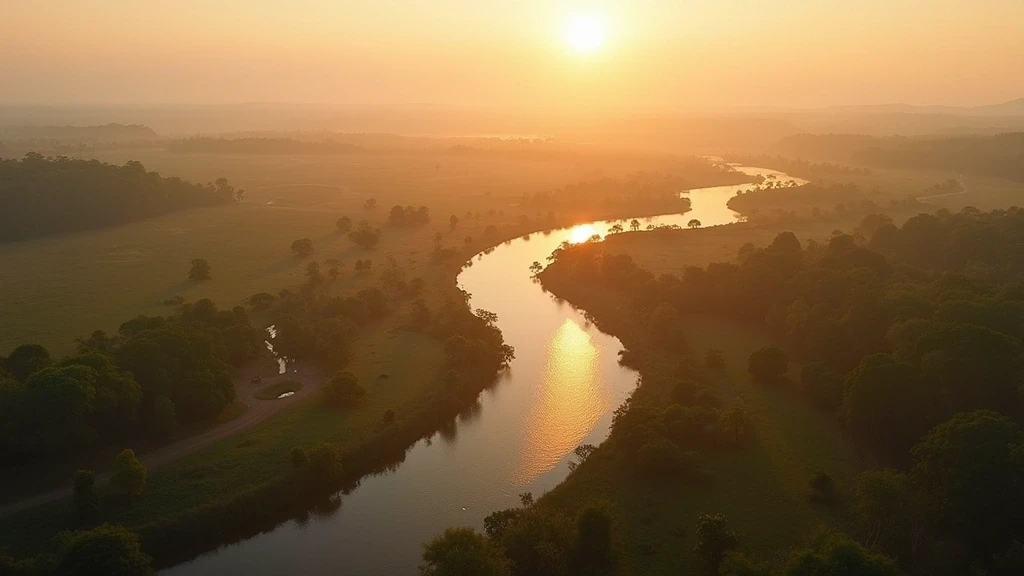 Luftaufnahme der Zambezi-Flussauen im Mana Pools Nationalpark zur goldenen Stunde