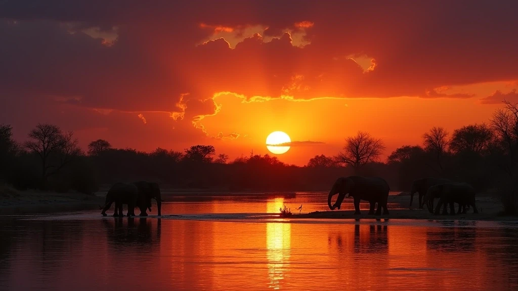 Sonnenuntergang am Zambezi-Fluss mit Elefanten-Silhouetten im Mana Pools Nationalpark
