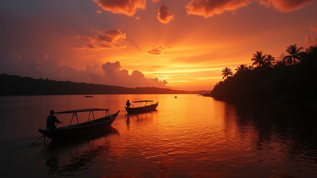 Sonnenuntergang ueber dem Amazonas in Manaus mit dramatischem Himmel und Bootssilhouetten