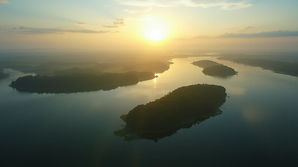 Panoramablick auf das Anavilhanas-Archipel im Rio Negro bei Sonnenaufgang