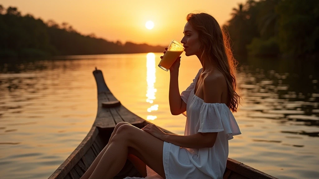 Elegante Frau auf traditionellem Boot im Amazonas bei Sonnenuntergang in Manaus