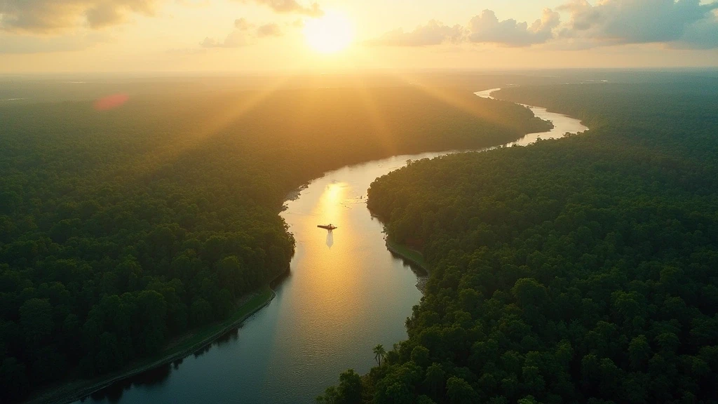 Luftaufnahme des Zusammenflusses der Rio Negro und Amazonas in Manaus zur goldenen Stunde