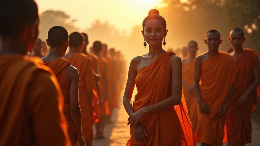 Elegante Frau bei traditioneller Almosen Zeremonie mit Moenchen in Mandalay bei Sonnenaufgang