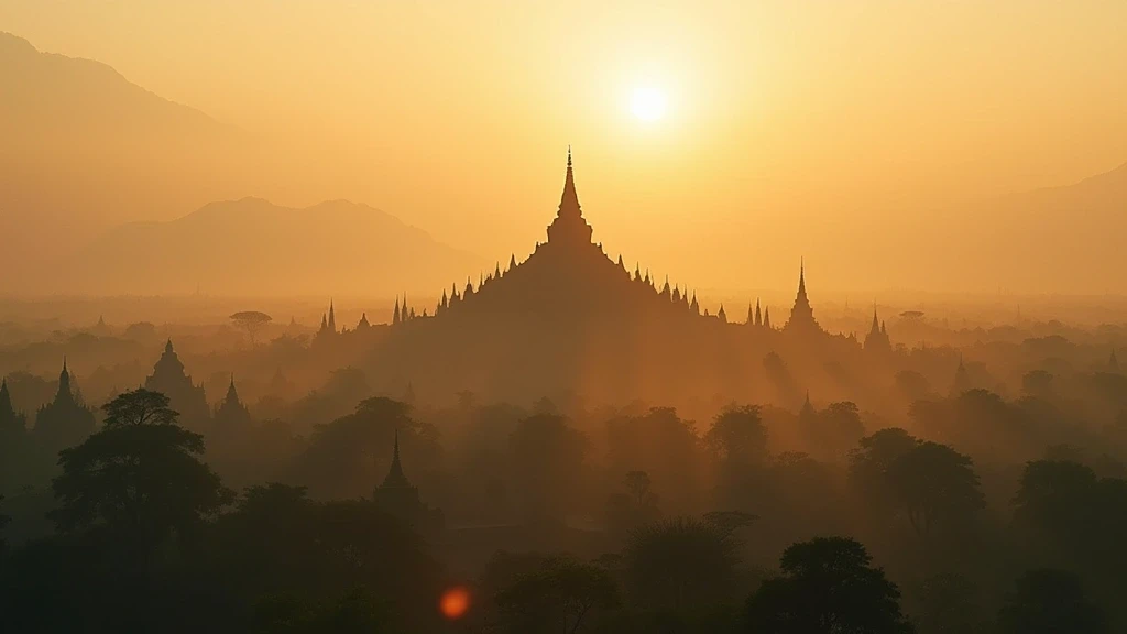 Luftaufnahme von Mandalay Hill und dem Irrawaddy Fluss zur goldenen Stunde in Myanmar