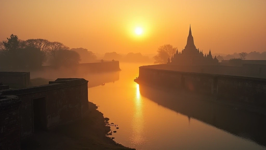 Goldene Stunde Beleuchtung der alten Koenigspalast Mauern in Mandalay, Myanmar