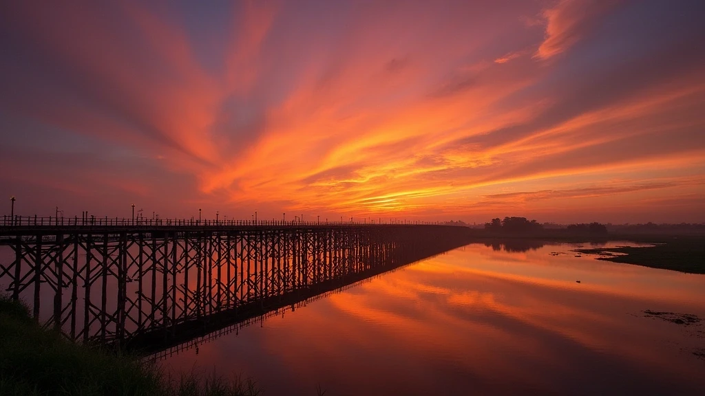 Panorama der U Bein Bruecke bei Sonnenuntergang ueber dem Taungthaman See in Mandalay
