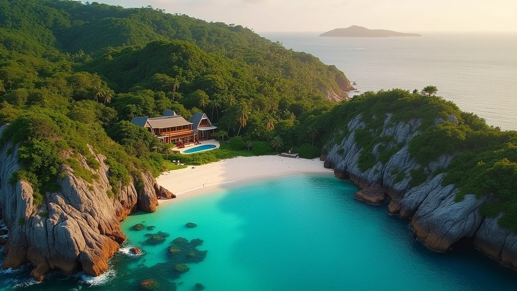 Luftaufnahme von Mango House Seychelles mit Granitfelsen und tuerkisen Buchten zur goldenen Stunde