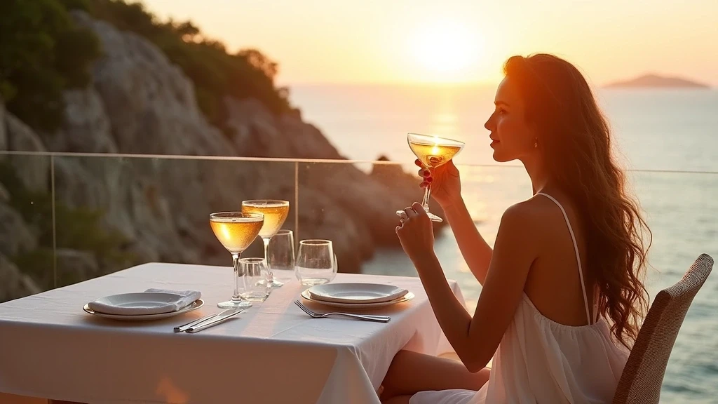 Elegante Frau geniesst Sonnenuntergang-Cocktails auf der Terrasse von Mango House Seychelles