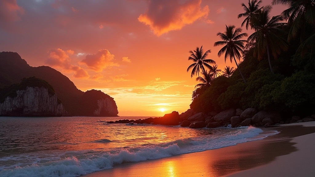 Sonnenuntergang ueber Granitfelsen an der Kueste von Mango House Seychelles