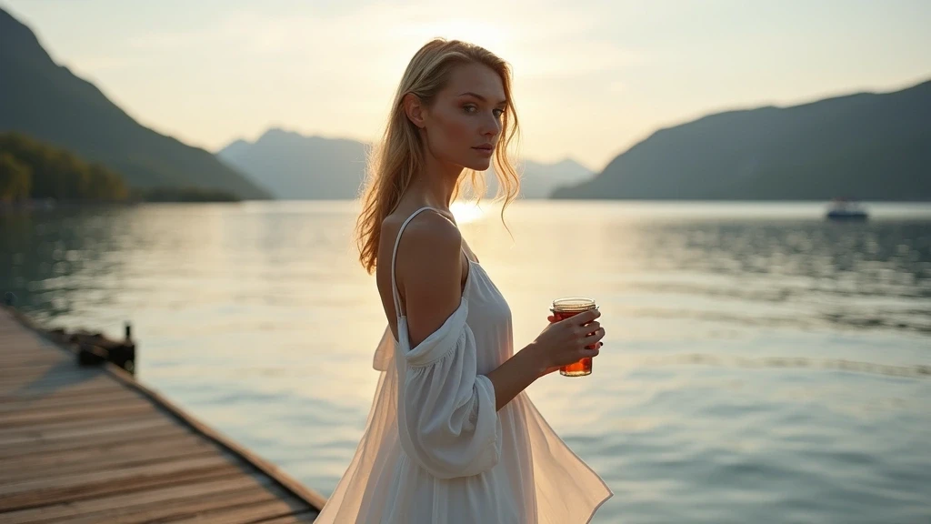 Elegante Frau auf einem Holzsteg mit Blick auf den Fjord in Maniitsoq, Grönland