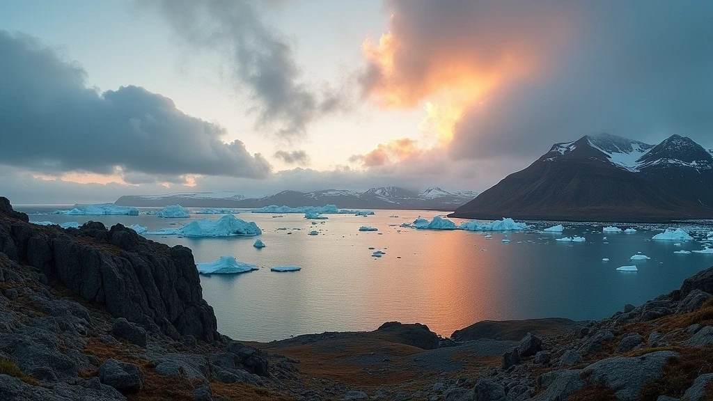 Panoramablick auf die zerklueftete Kueste und Eisberge von Maniitsoq, Grönland