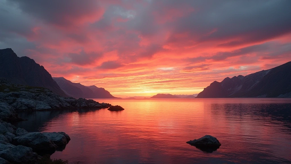 Dramatischer Sonnenuntergang ueber den Fjorden von Maniitsoq, Grönland mit Spiegelungen im Wasser