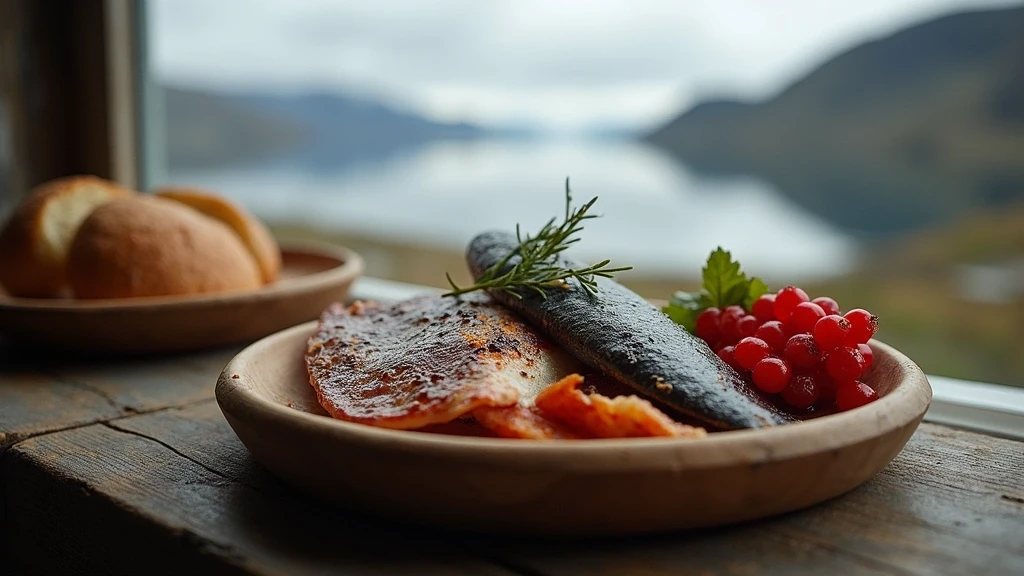 Traditionelle groenlaendische Kueche auf handgemachtem Holzteller in Maniitsoq