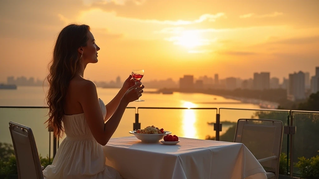 Elegante Frau geniesst Halo-Halo Dessert mit Manila Bay Sonnenuntergang im Hintergrund