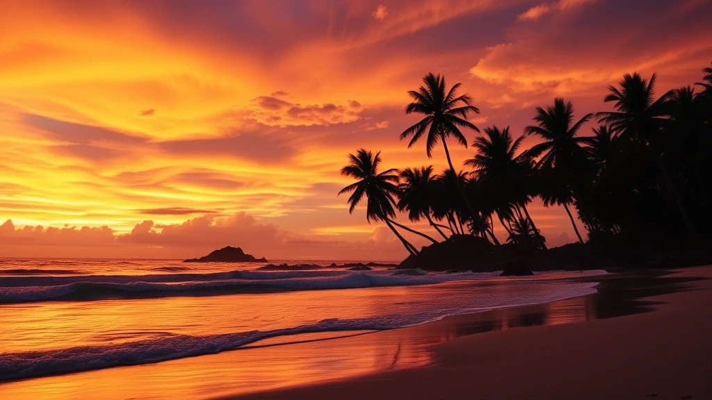 Sonnenuntergang ueber Playa Espadilla in Manuel Antonio, Costa Rica mit Palmen-Silhouetten
