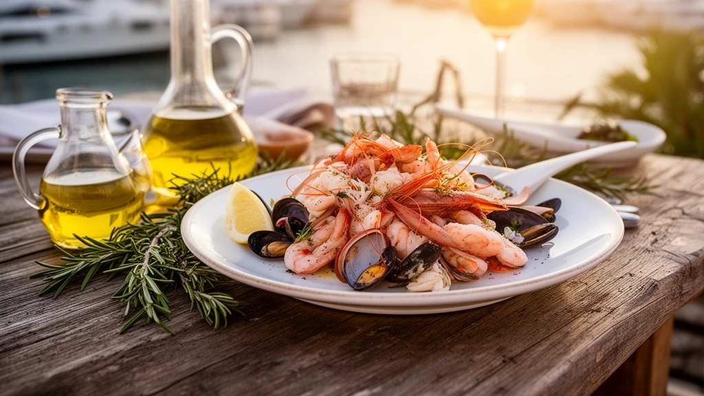 Detailaufnahme von mediterraner Meeresfruechte-Kueche auf rustikalem Tisch in Puerto Banús, Marbella