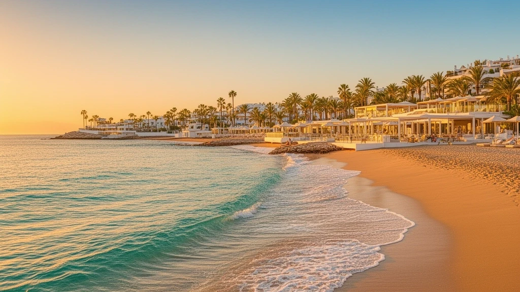 Goldene Stunde am Playa de Puerto Banús mit tuerkisfarbenem Wasser und Strandclubs in Marbella