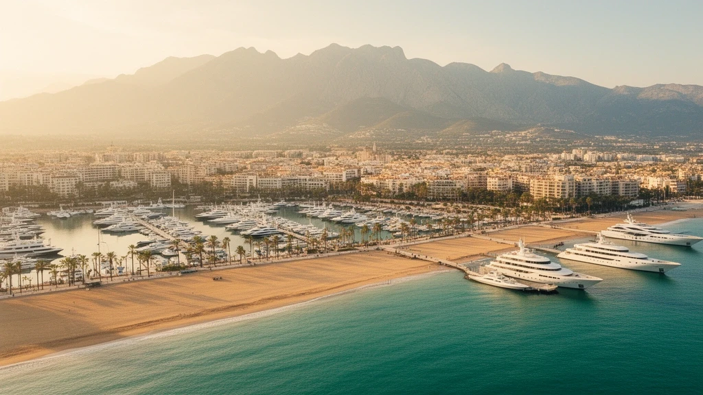 Luftaufnahme von Puerto Banús Marina mit Luxusyachten und goldenem Strand zur goldenen Stunde in Marbella