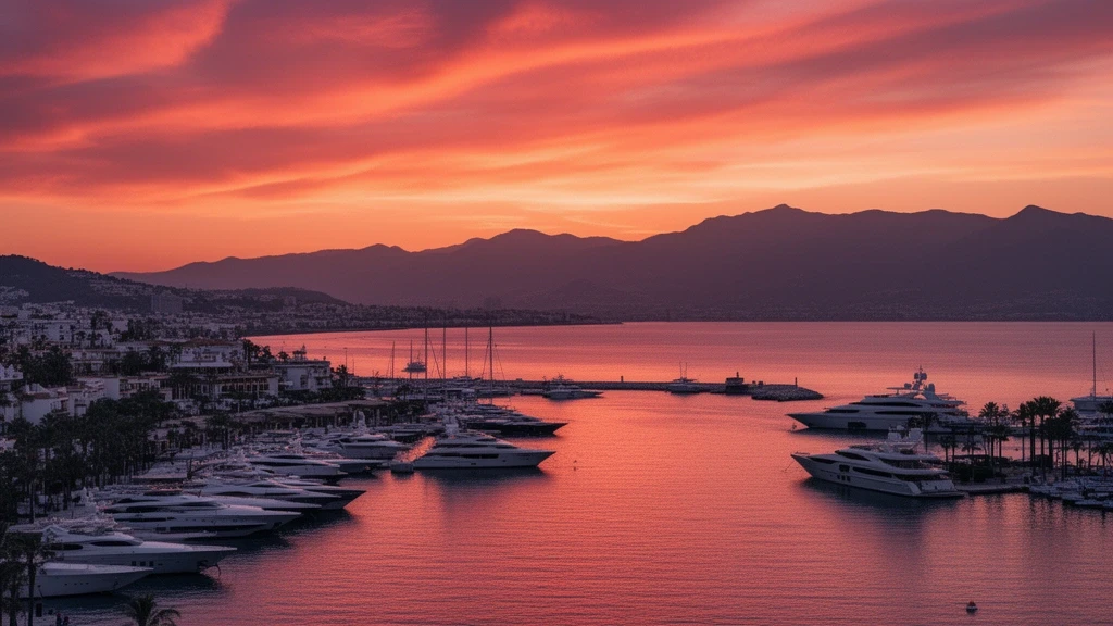 Sonnenuntergang ueber Puerto Banús mit rosa Himmel und Yacht-Silhouetten in Marbella, Spanien