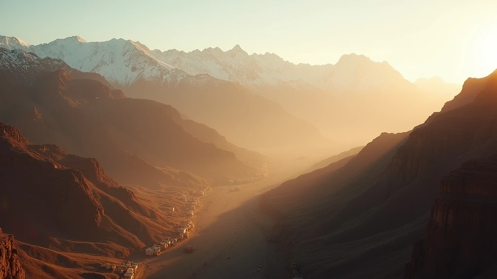 Dramatische Luftaufnahme der schneebedeckten Hohen Atlas-Berge in Marokko zur goldenen Stunde