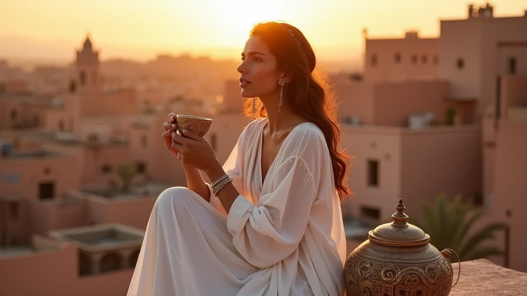 Elegante Frau geniesst Minztee auf Dachterrasse in Marrakesch zur goldenen Stunde