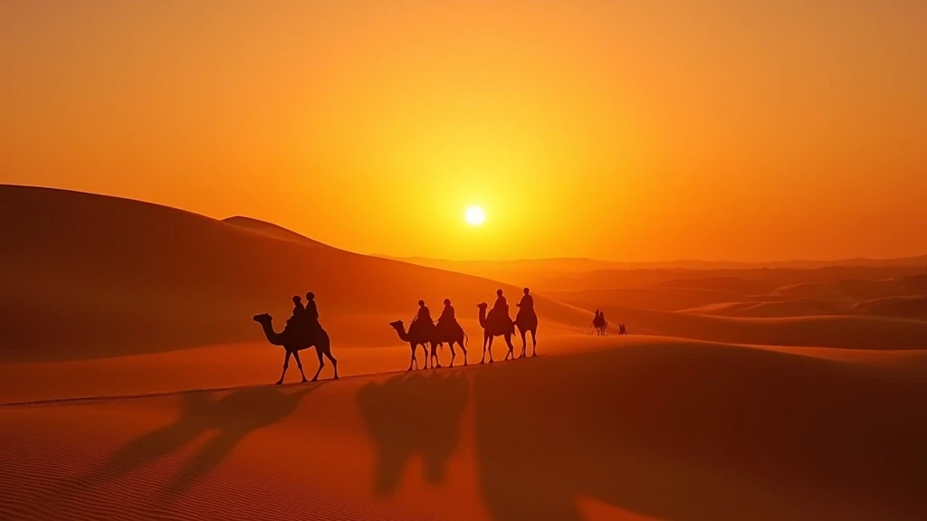 Panorama der Sahara-Wueste in Marokko bei Sonnenuntergang mit Kamelkarawane
