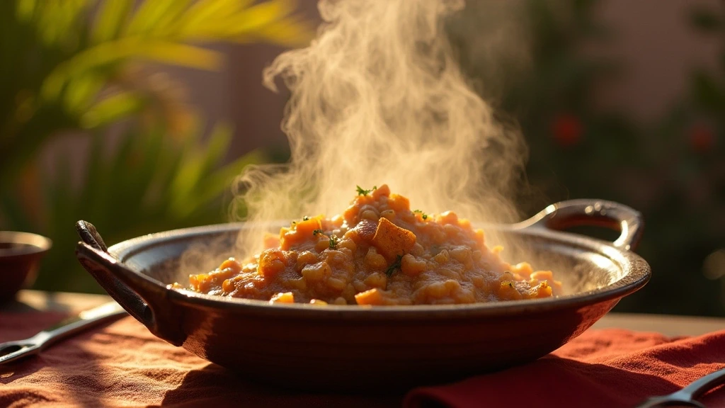 Traditioneller marokkanischer Tajine in Luxus-Riad bei goldenem Licht