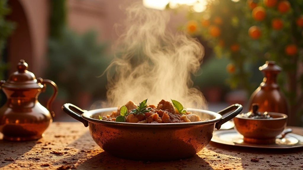 Traditioneller marokkanischer Tajine wird in einem luxurioesen Riad-Hof serviert in Marrakesch