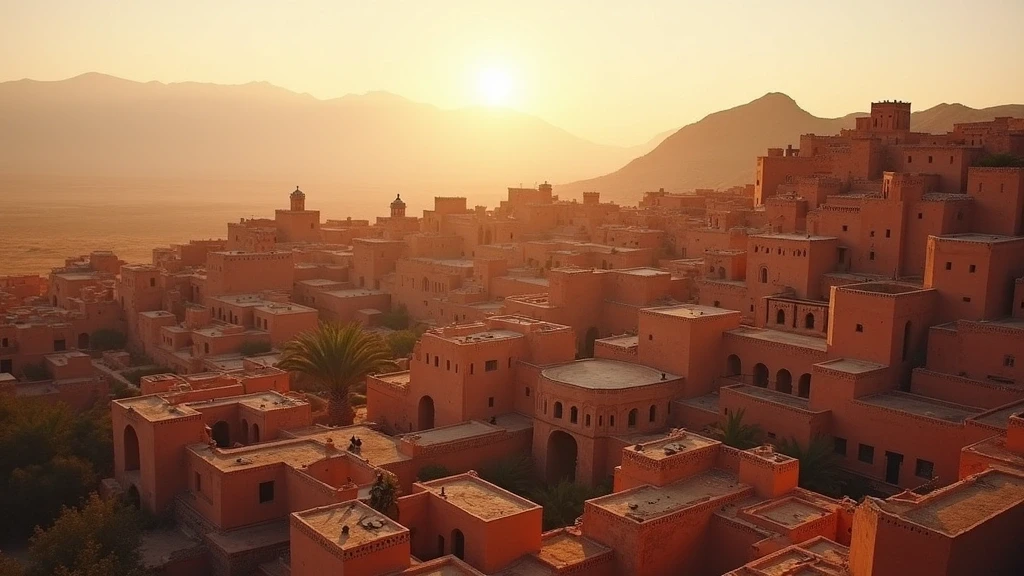 Luftaufnahme der roten Medina von Marrakesch vor den schneebedeckten Atlas-Bergen zur goldenen Stunde