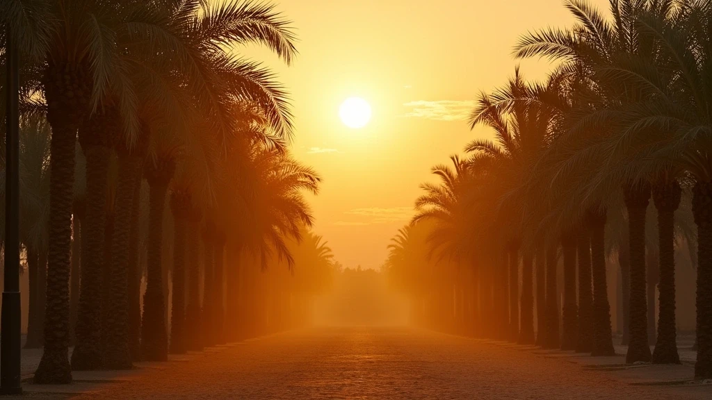 Goldene Stunde im Palmenhain Palmeraie von Marrakesch mit Lichtspielen zwischen den Palmen