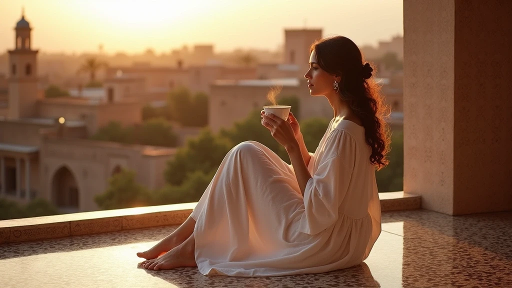 Elegante Frau geniesst Minztee auf einer Riad-Terrasse mit Blick auf die Medina von Marrakesch