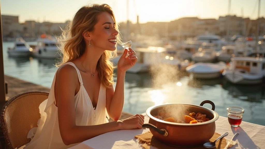 Elegante Frau geniesst Bouillabaisse am alten Hafen von Marseille zur goldenen Stunde