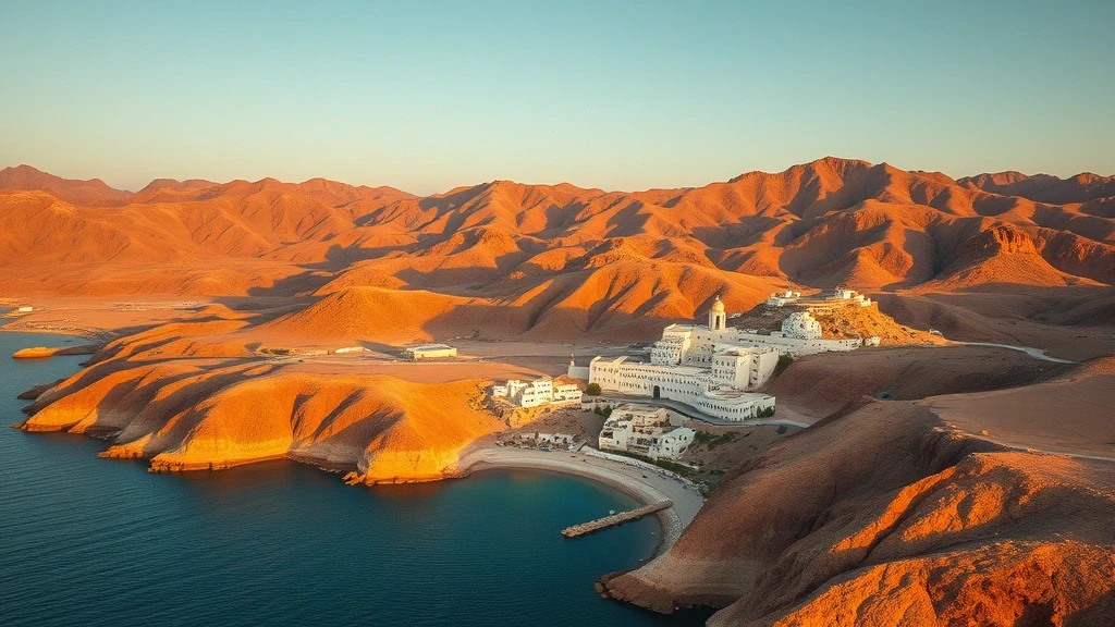 Luftaufnahme der Hajar-Berge und Kueste von Maskat zur goldenen Stunde in Oman