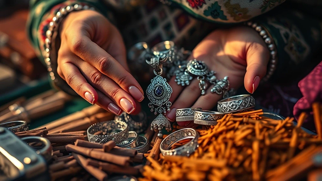 Detailaufnahme von Silberschmuck und Weihrauch auf dem Mutrah Souq in Maskat, Oman