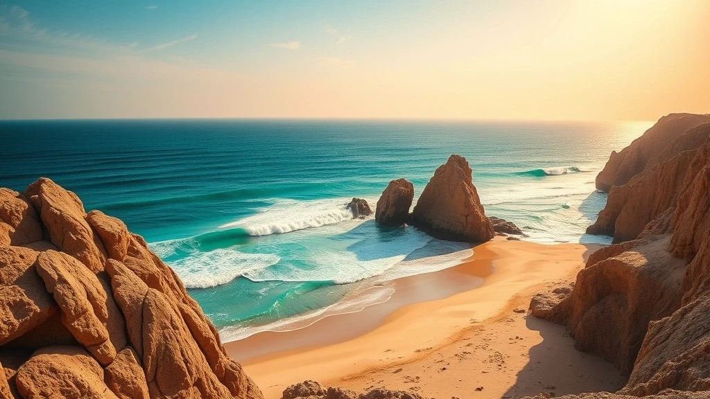 Panoramablick auf die felsige Kueste von Qurum Beach in Maskat, Oman