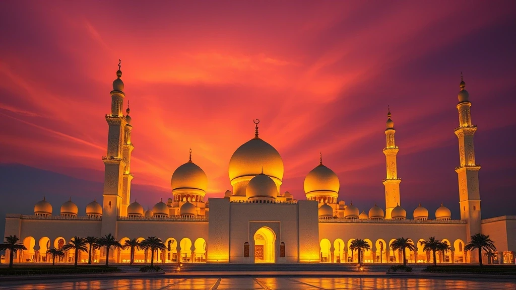 Sonnenuntergang ueber der Sultan-Qaboos-Grossmoschee in Maskat, Oman