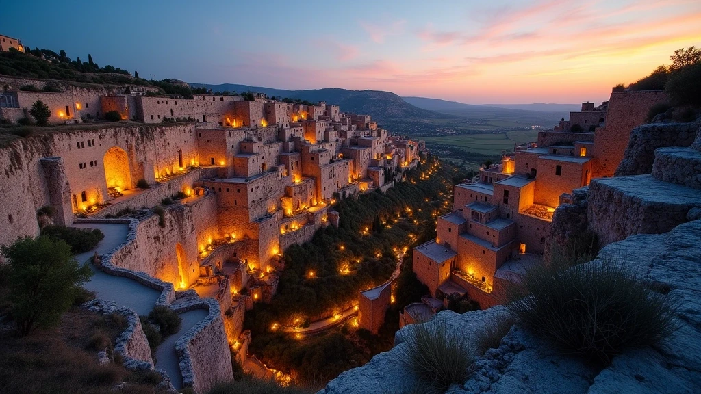 Panoramablick auf die Gravina-Schlucht in Matera bei Sonnenuntergang mit goldenem Licht auf Höhlenwohnungen