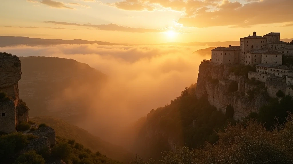 Sonnenaufgang über dem Murgia-Plateau in Matera mit antiken Felsenkirchen und Olivenhainen im Morgenlicht