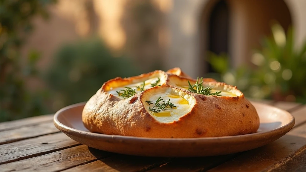 Traditionelles Matera-Brot auf rustikalem Holztisch in antikem Steinhof mit goldenem Sonnenlicht