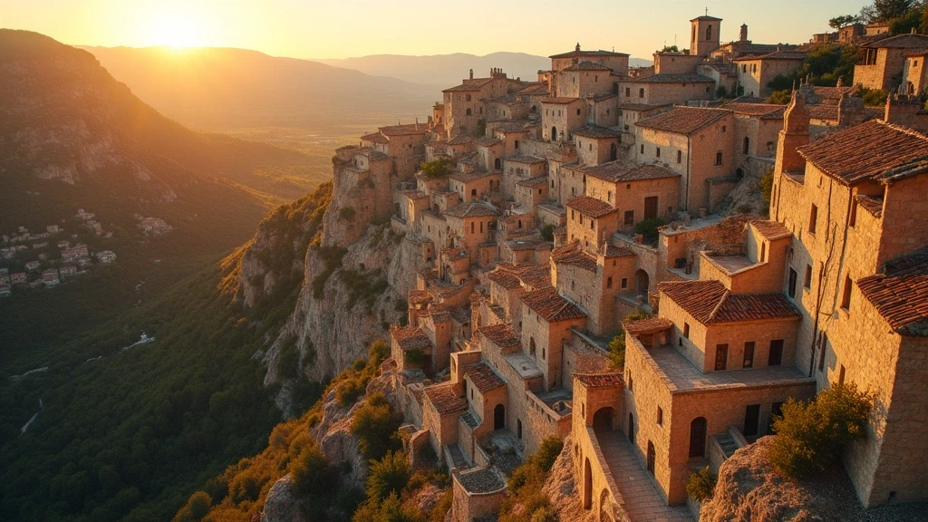 Luftaufnahme der antiken Sassi-Höhlenwohnungen in Matera zur goldenen Stunde mit dramatischer Schluchtlandschaft