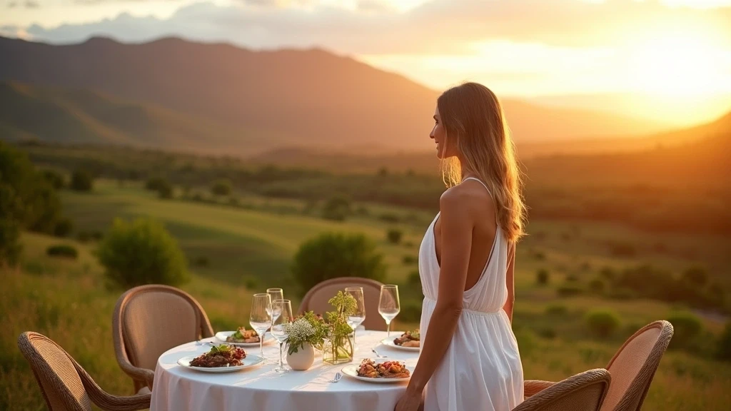 Elegante Frau bei Farm-to-Table-Dinner auf Maui mit Sonnenuntergangsaussicht