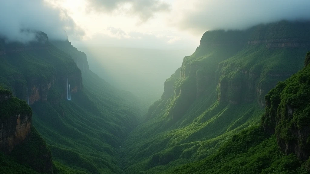 Panoramablick auf die Iao Valley Nadel auf Maui im Morgennebel mit Regenwald