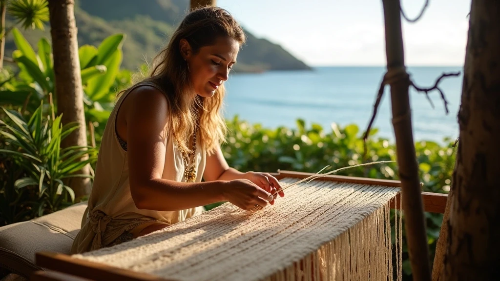 Hawaiianische Kunsthandwerkerin bei traditionellem Lauhala-Weben auf Maui
