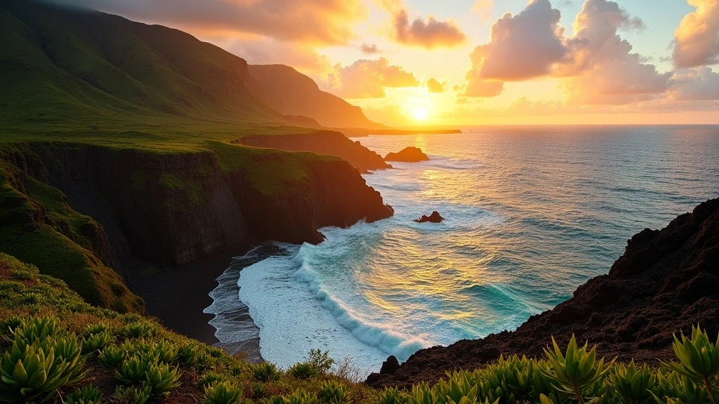 Goldene Stunde Sonnenuntergang an der Road to Hana Küste auf Maui mit Lavaklippen