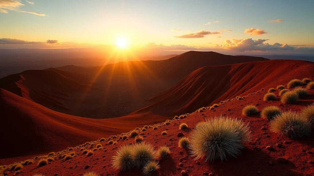 Goldene Stunde auf Mauna Kea mit vulkanischen Aschekegeln und Silberschwert-Pflanzen in Hawaii