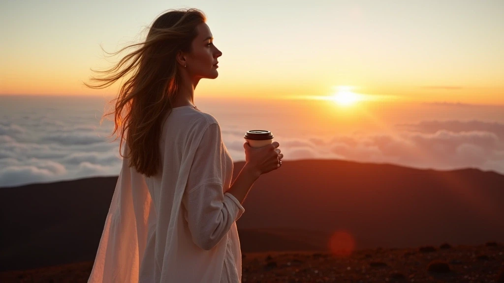 Elegante Frau in weissem Kleid betrachtet Sonnenuntergang am Mauna Kea Besucherzentrum in Hawaii