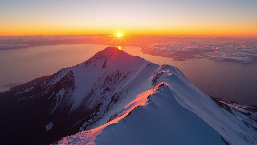 Panoramablick vom Mauna Kea Gipfel bei Sonnenuntergang mit schneebedecktem Berg und Pazifik